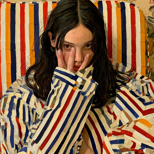 Stripes & Silence — original acrylic on canvas by Eva Halamaki, 100×100cm